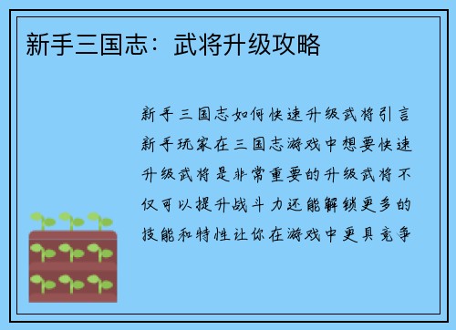 新手三国志：武将升级攻略